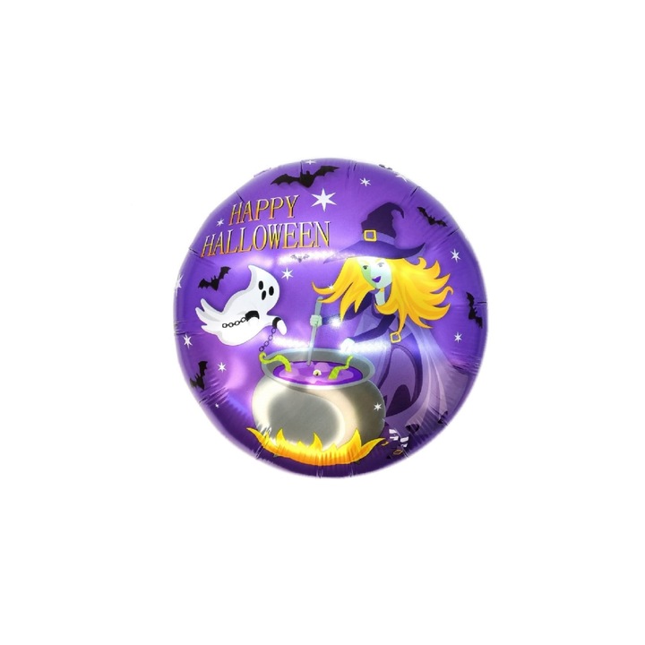Kerek fóliás léggömb, boszorkány, Happy Halloween, 45 cm, Carnaval Shop