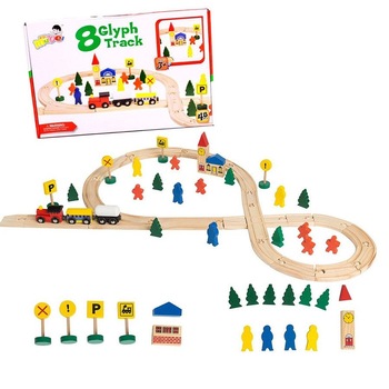 Circuit trenulet din lemn Glyph Track, vagoane cu magnet, semne circulatie, cladiri, Play Time, 48 piese, + 3 ani Circuit trenulet din lemn Glyph Track, vagoane cu magnet, semne circulatie, cladiri, Play Time, 48 piese, + 3 ani