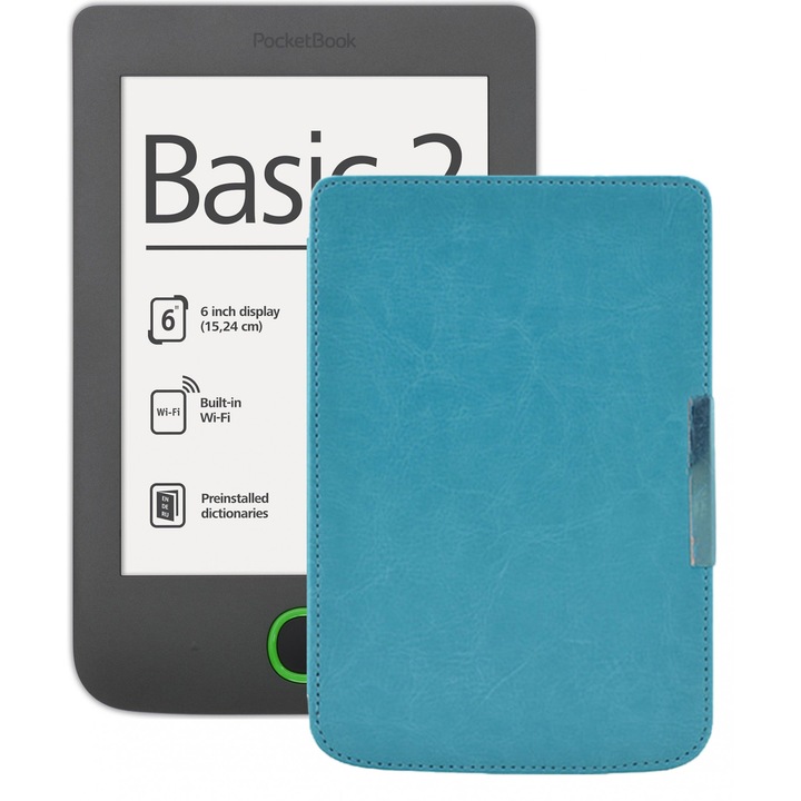Промопакет: eBook четец Pocketbook 614 Basic 2, Сив + Калъф Business, Синьо-зелен