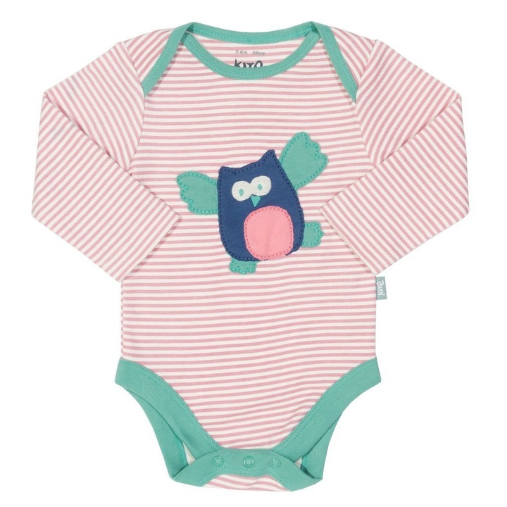 Body cu dungi roz si cusatura aplicata bufnita, bumbac organic