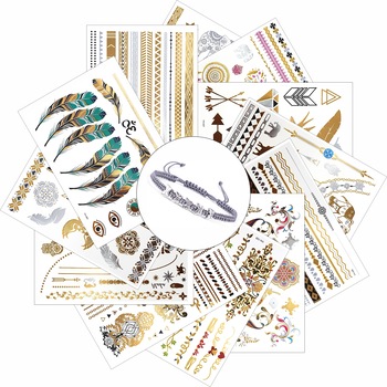 Set de 12 Tatuaje Temporare Culori Metalice cu 1 Bratara din Sfoara Cerata Gri, 12 coli 15x21 cm, peste 100 Designuri Inedite, Waterproof Set de 12 Tatuaje Temporare Culori Metalice cu 1 Bratara din Sfoara Cerata Gri, 12 coli 15x21 cm, peste 100 Designuri Inedite, Waterproof