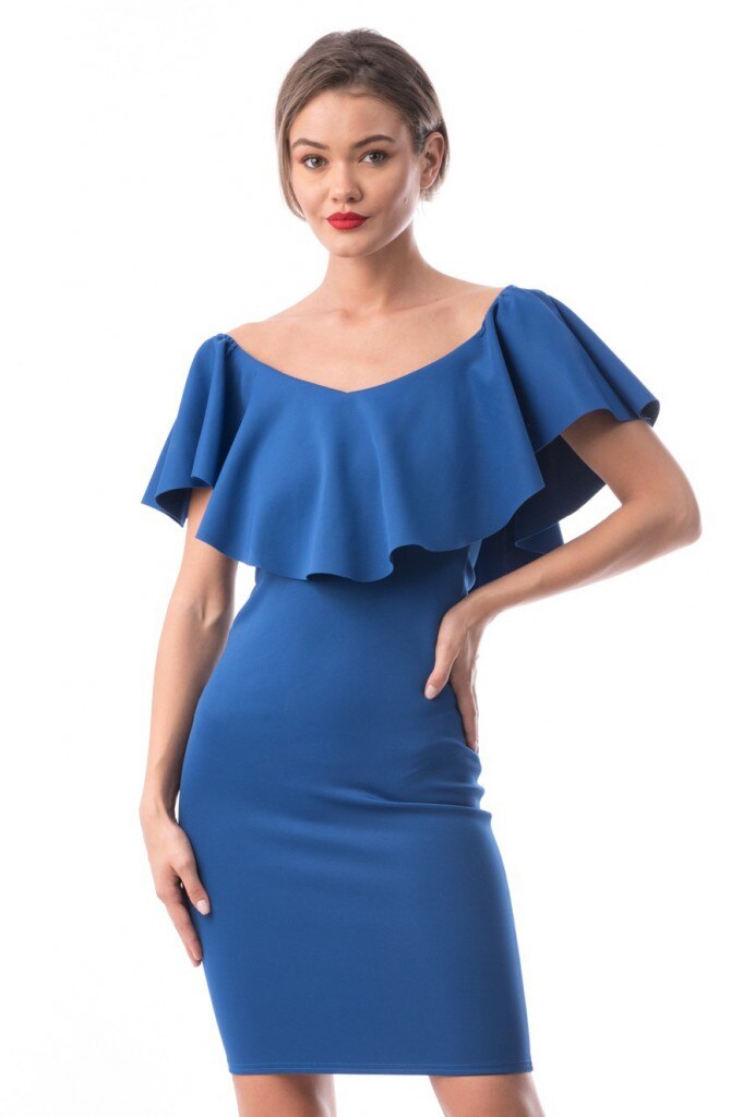 Rochie albastra marimea 44 cu volan pe umeri Natasa