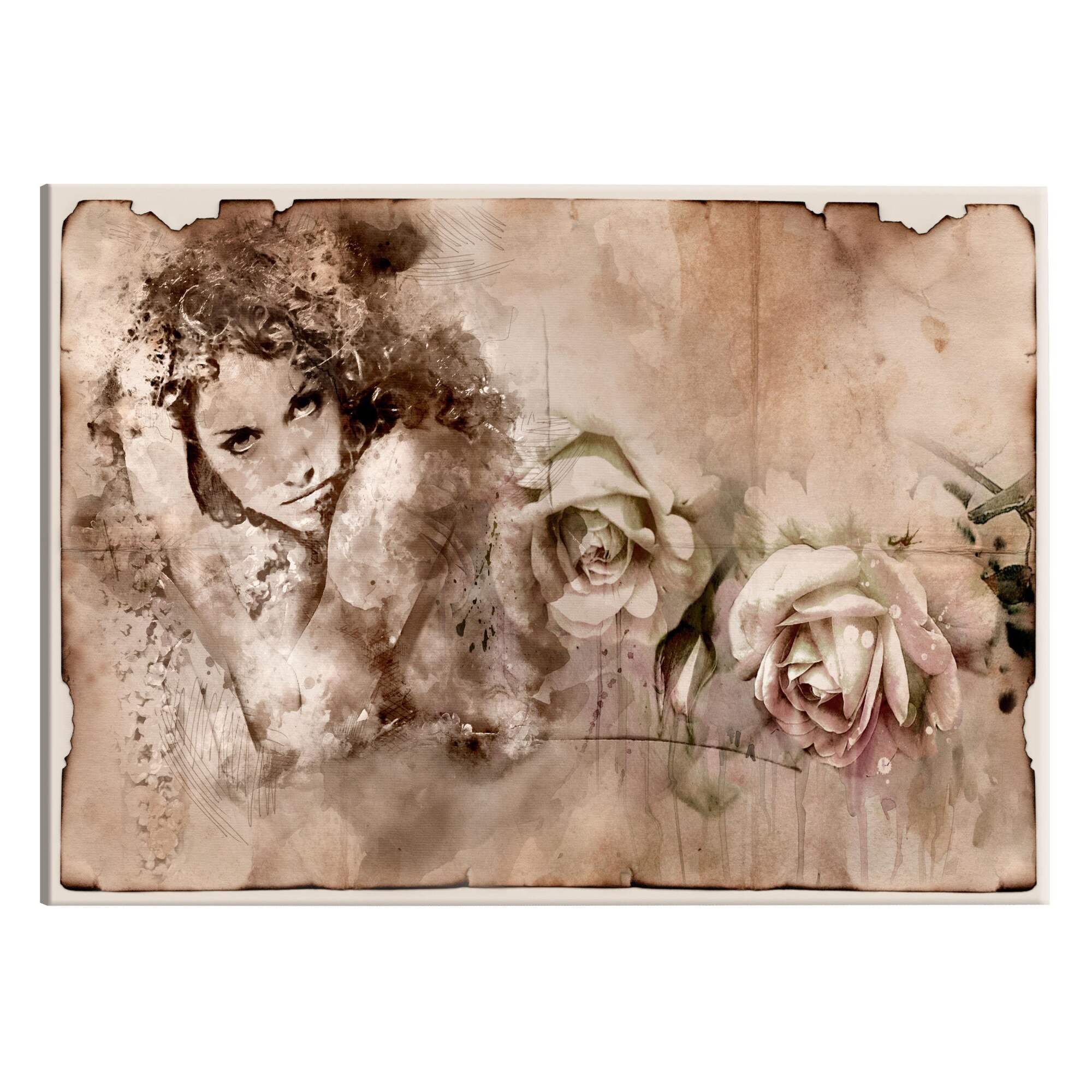 Tablou canvas - Stil retro Femeie Si trandafiri - 90 x 60 cm
