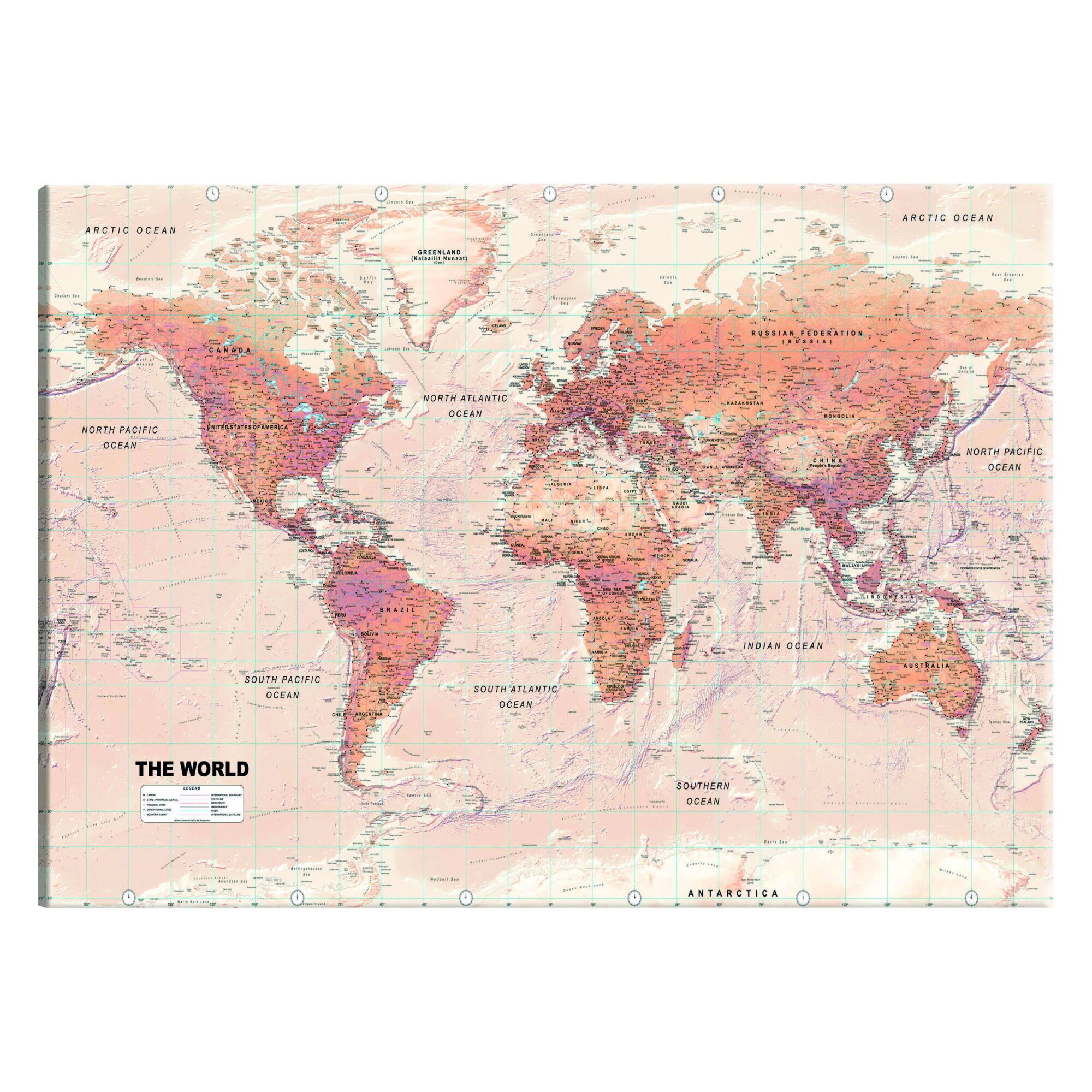 Tablou canvas - Harta Mondiala Orange World - 90 x 60 cm