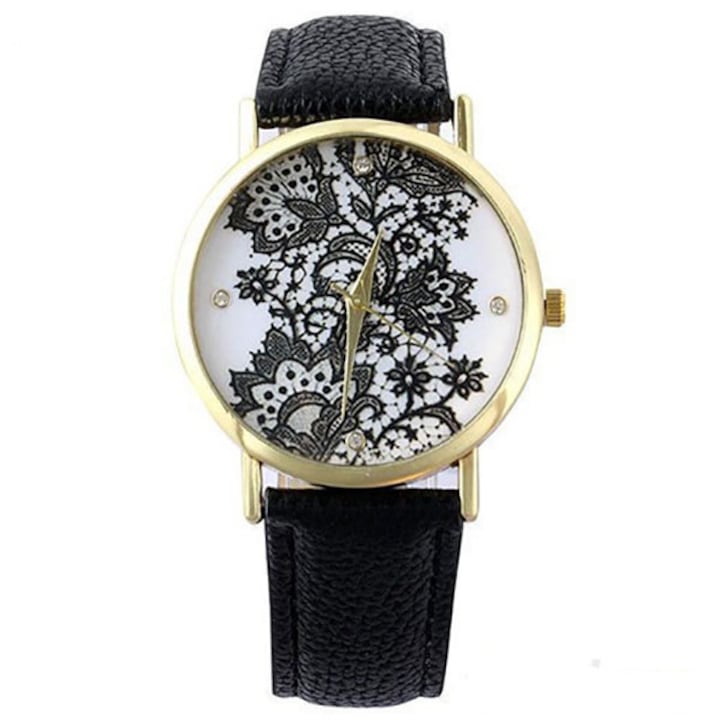 Ceas Geneva Dama Quartz Casual Elegant Negru, PN999592NU, curea din piele, afisaj Analog