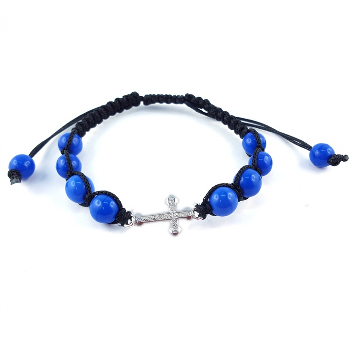 Bratara snur negru impletit manual personalizata cruciulita argint margele albastre sticla Bohemia reglabila 4183115 Dras