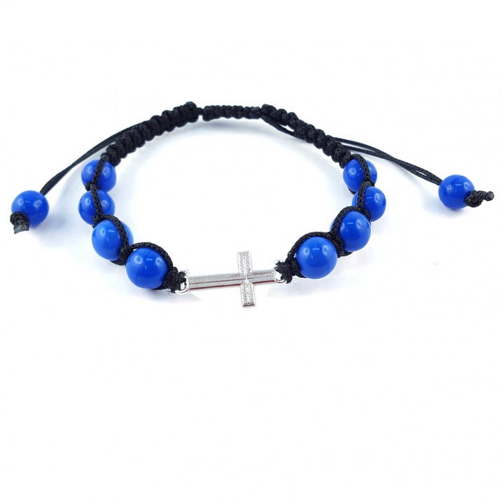 Bratara snur negru impletit manual personalizata cruciulita argint margele albastre sticla Bohemia reglabila 4197210 Dras