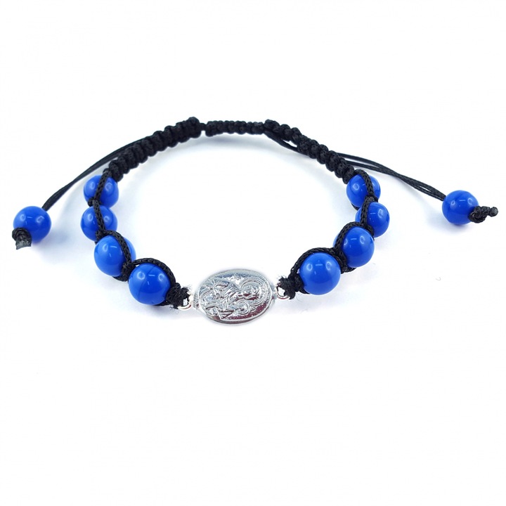 Ръчно тъкана гривна от черен шнур персонализиран медальон Майка Божия бебе Исус сребърни сини мъниста стъкло Бохемия регулируеми 4252150 Dras