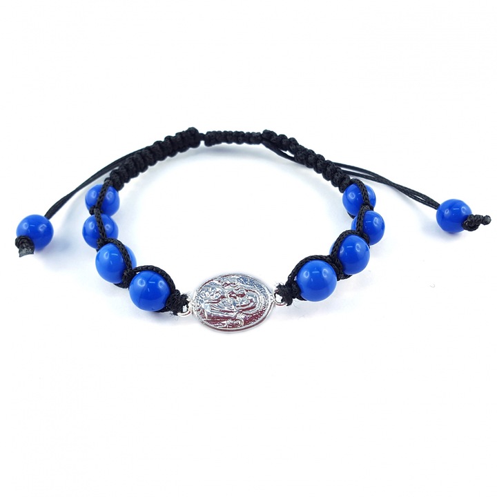 Ръчно тъкана гривна от черен шнур персонализиран медальон Дева Мария бебе Исус сребърни сини мъниста стъкло Бохемия регулируеми 4372150 Dras