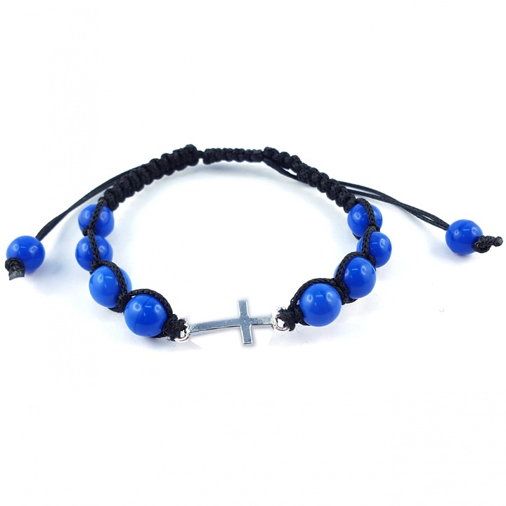 Ръчно изработена гривна от черна корда със сребърен кръст и стъклени мъниста, регулируема, Bohemia, Dras