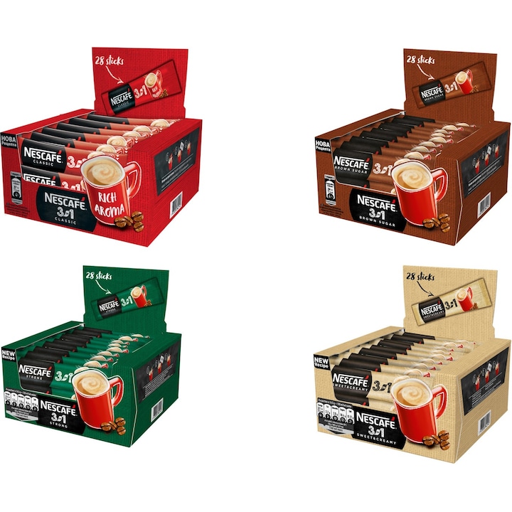 Комплект кафе миксове NESCAFE 3in1, различни видове, 4 кутии по 28 броя
