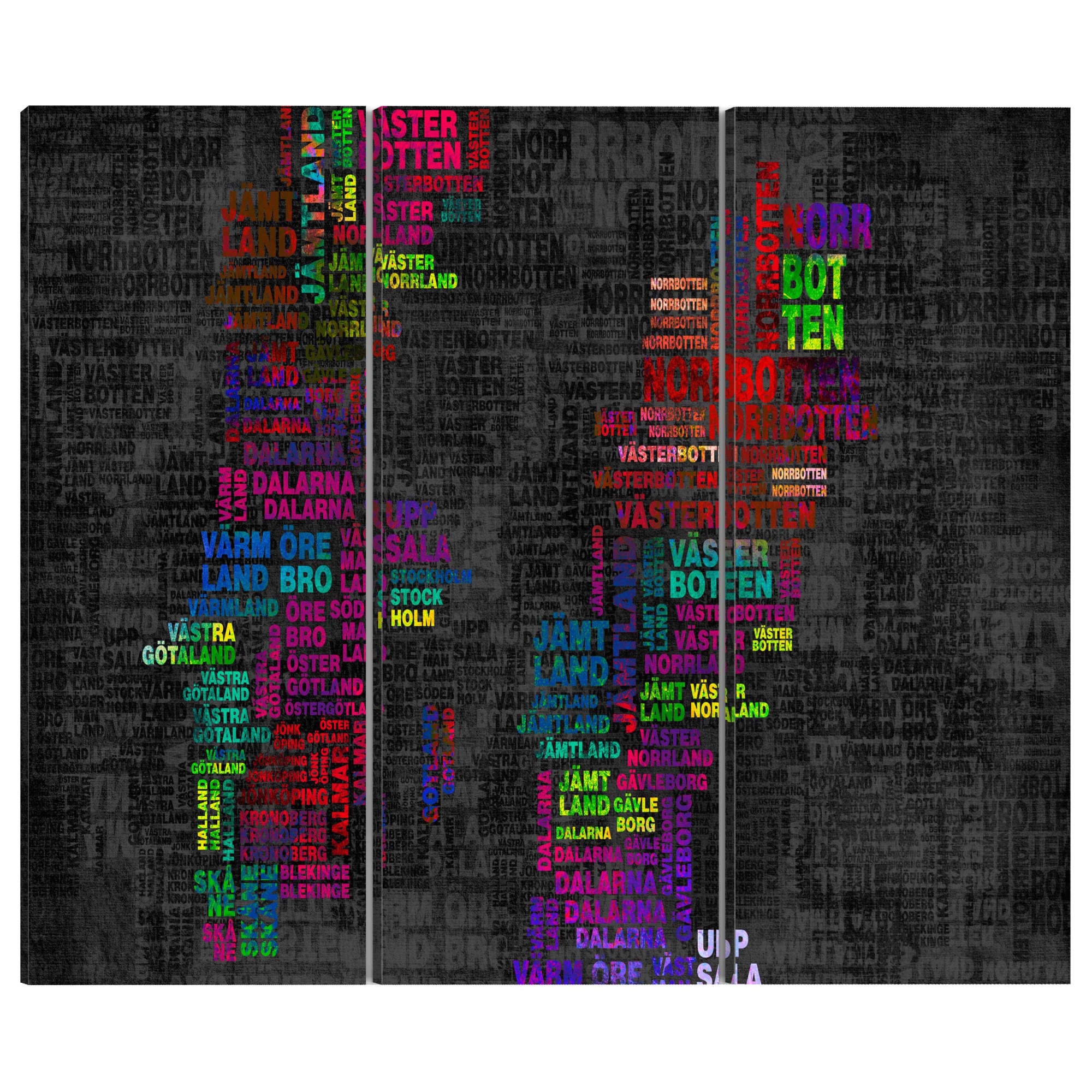Tablou canvas 3 piese - Harta Suediei a colorat numele tripticului oraSelor - 90 x 60 cm