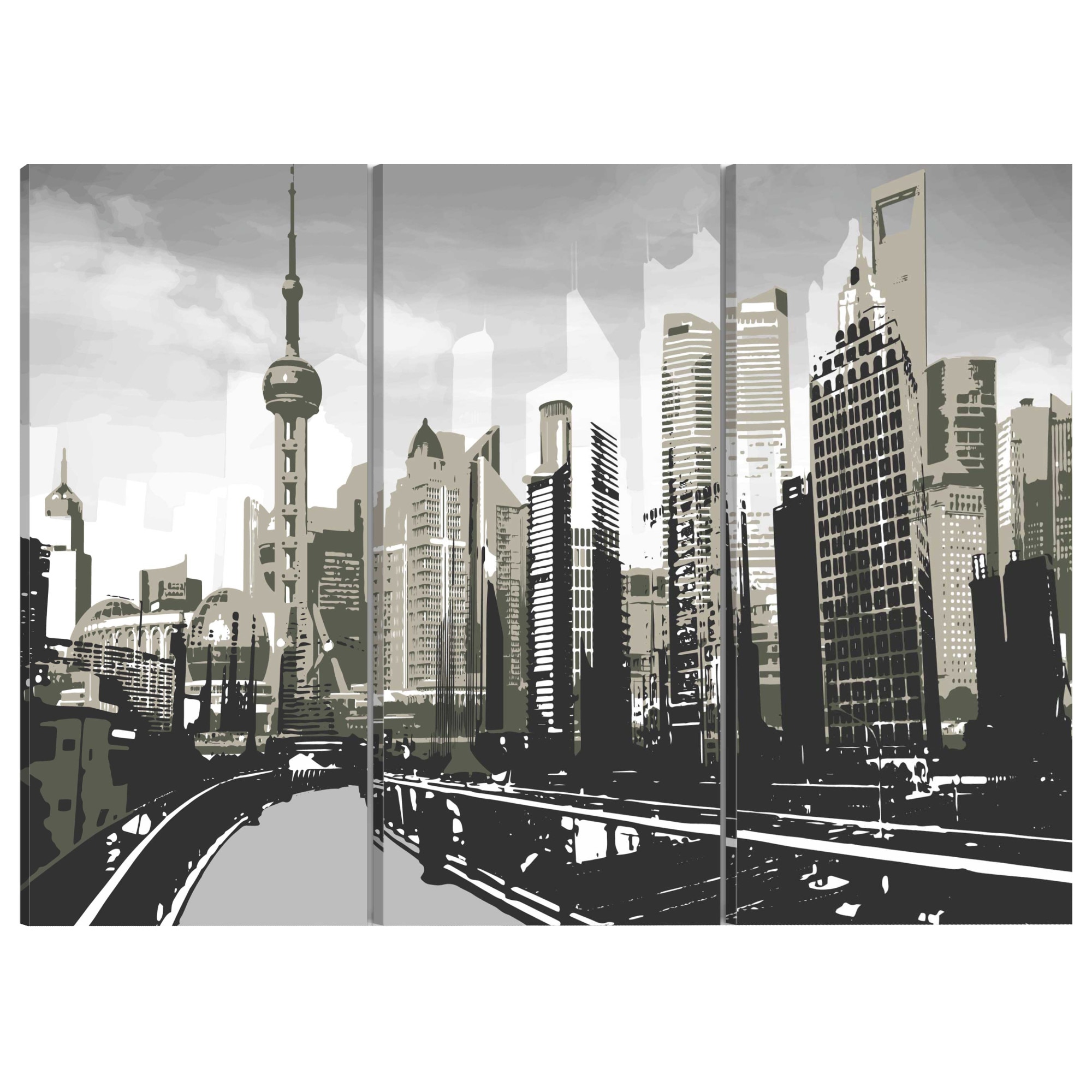 Tablou canvas 3 piese - Shanghai gri - 90 x 60 cm