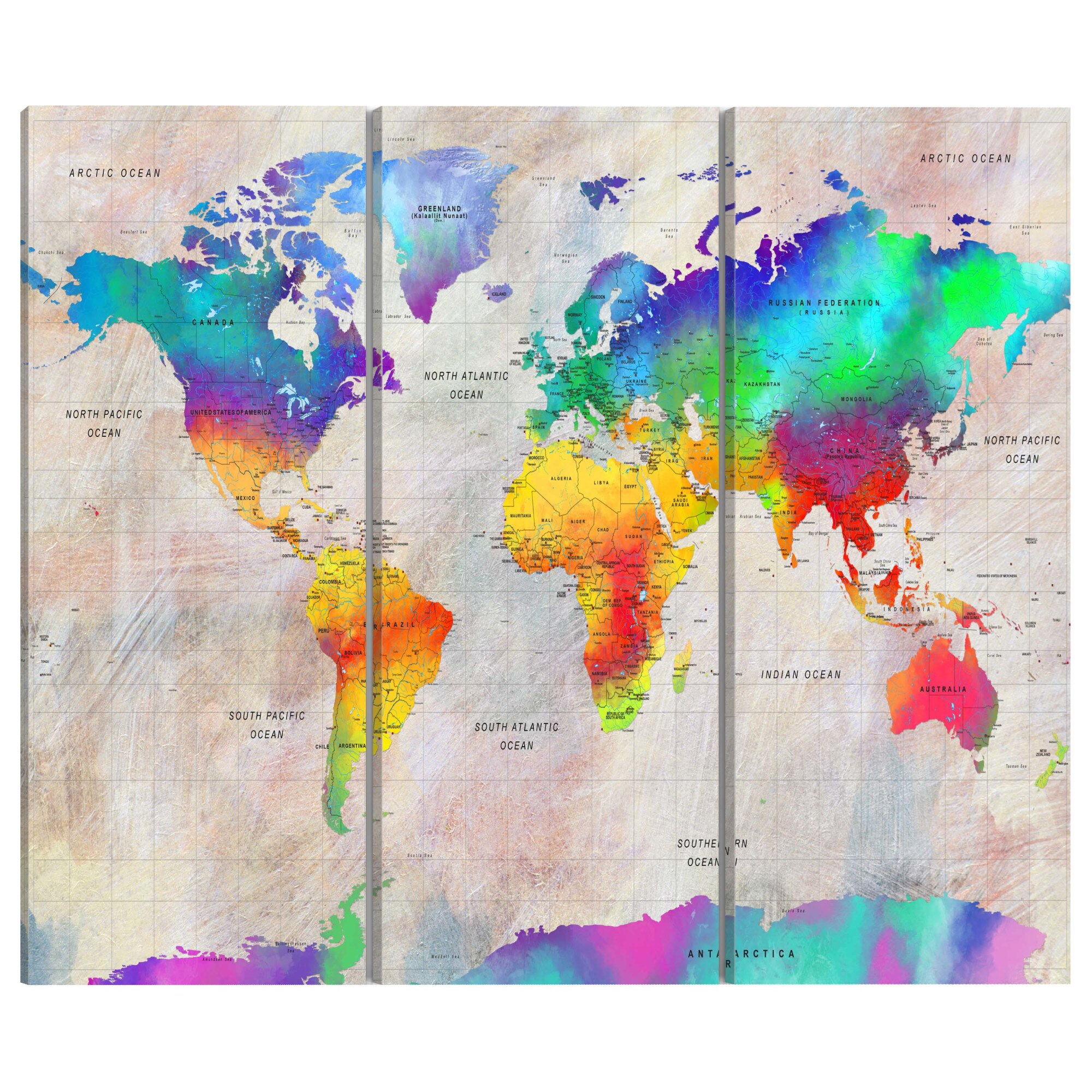 Tablou canvas 3 piese - Harta Mondiala Gradientul curcubeului - 90 x 60 cm