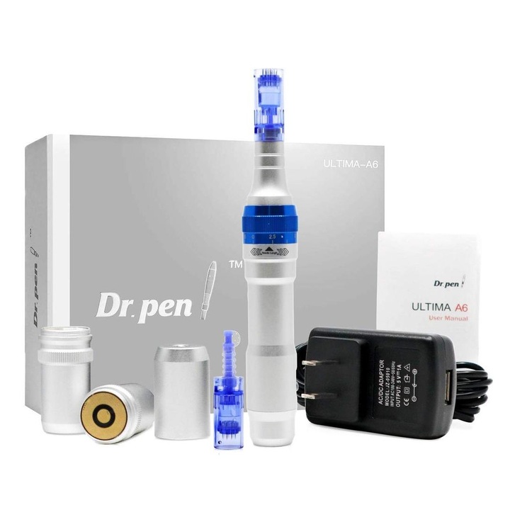 Титанов уред с микроигла Dr. Pen Ultima A6, За електропорация, Против бръчки и стареене, Безжичен, 2 x резервни 12 щифта