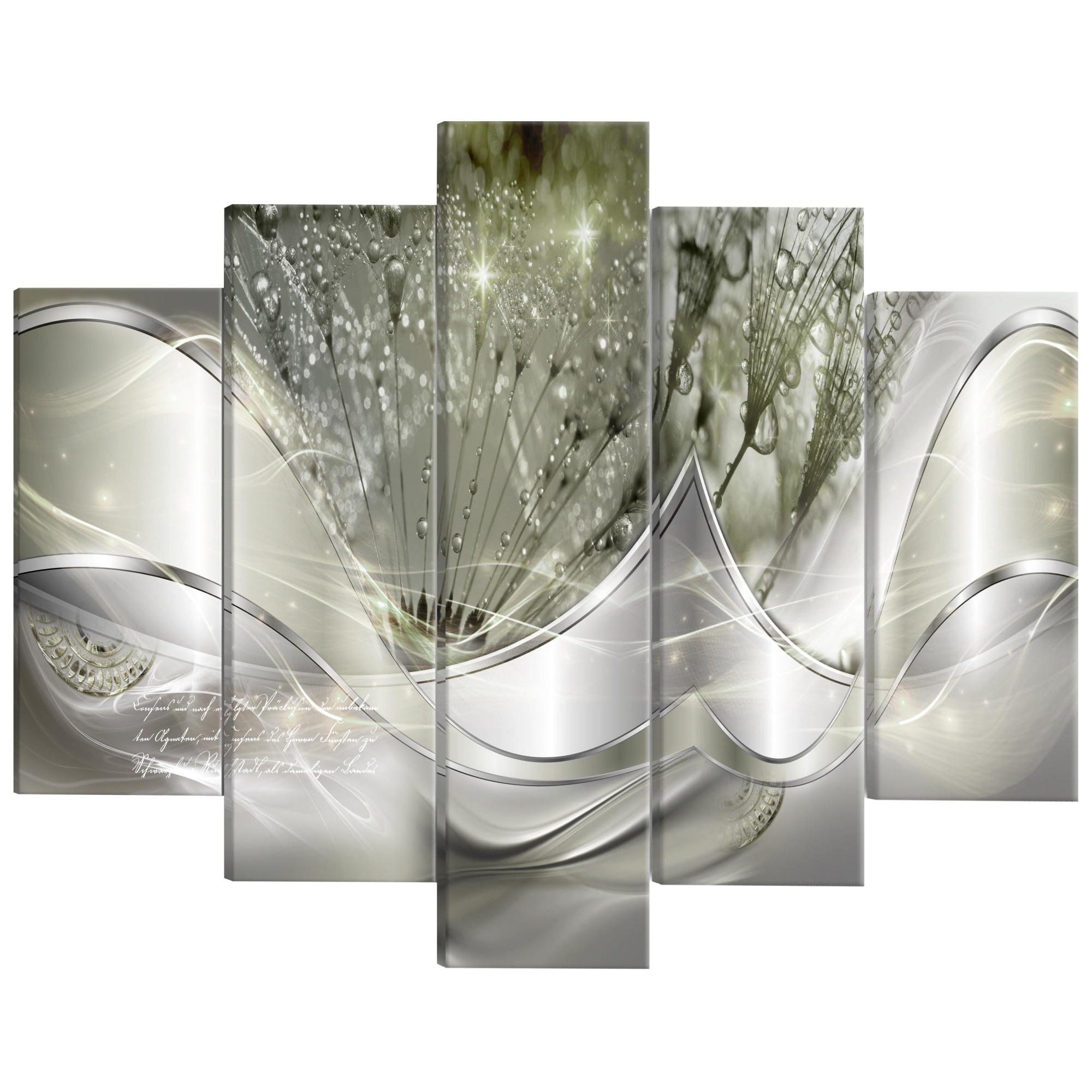 Tablou canvas 5 piese - Dandelions scanteietoare Green Wide - 200 x 100 cm