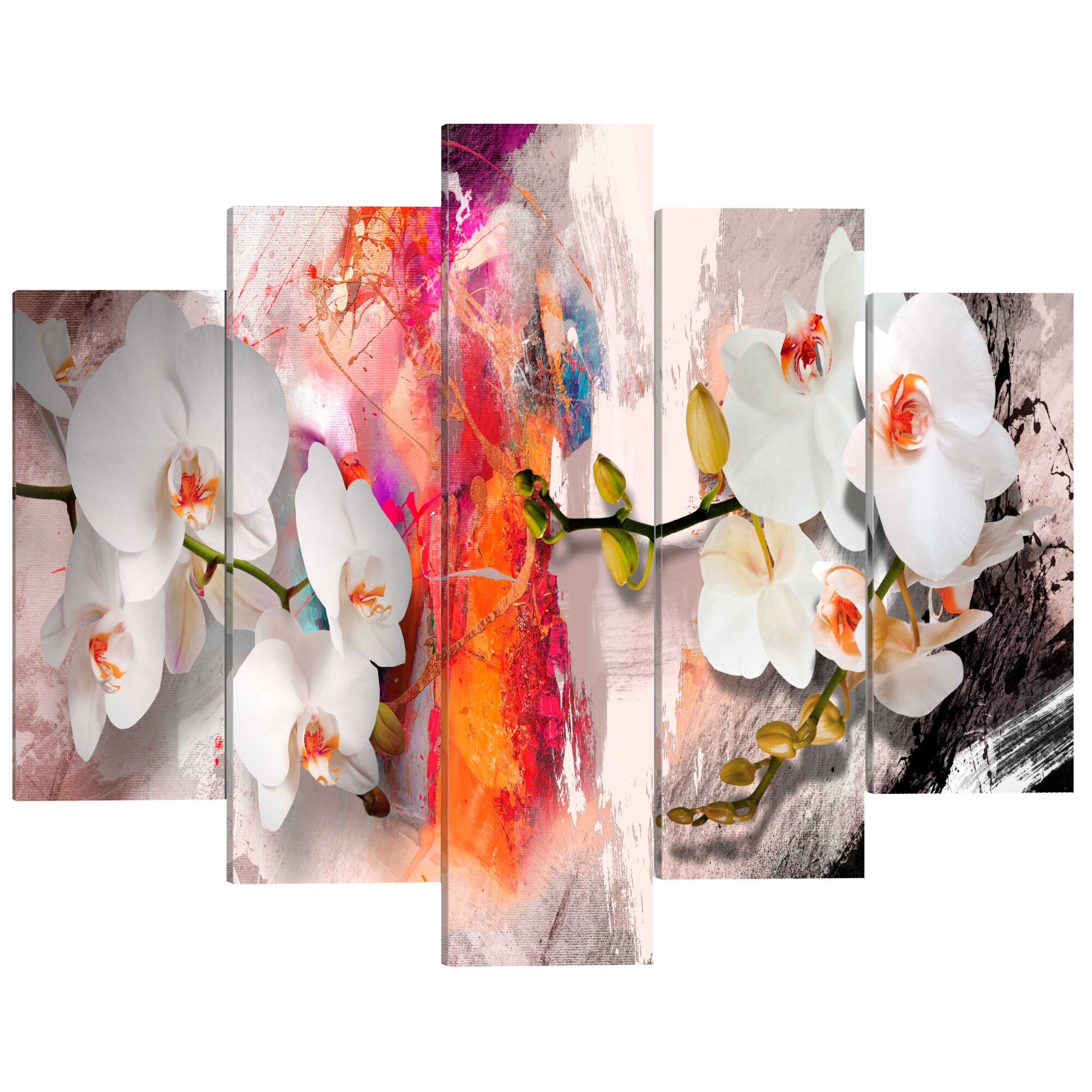 Tablou canvas 5 piese - Fundal colorat Si orhidee - 100 x 50 cm