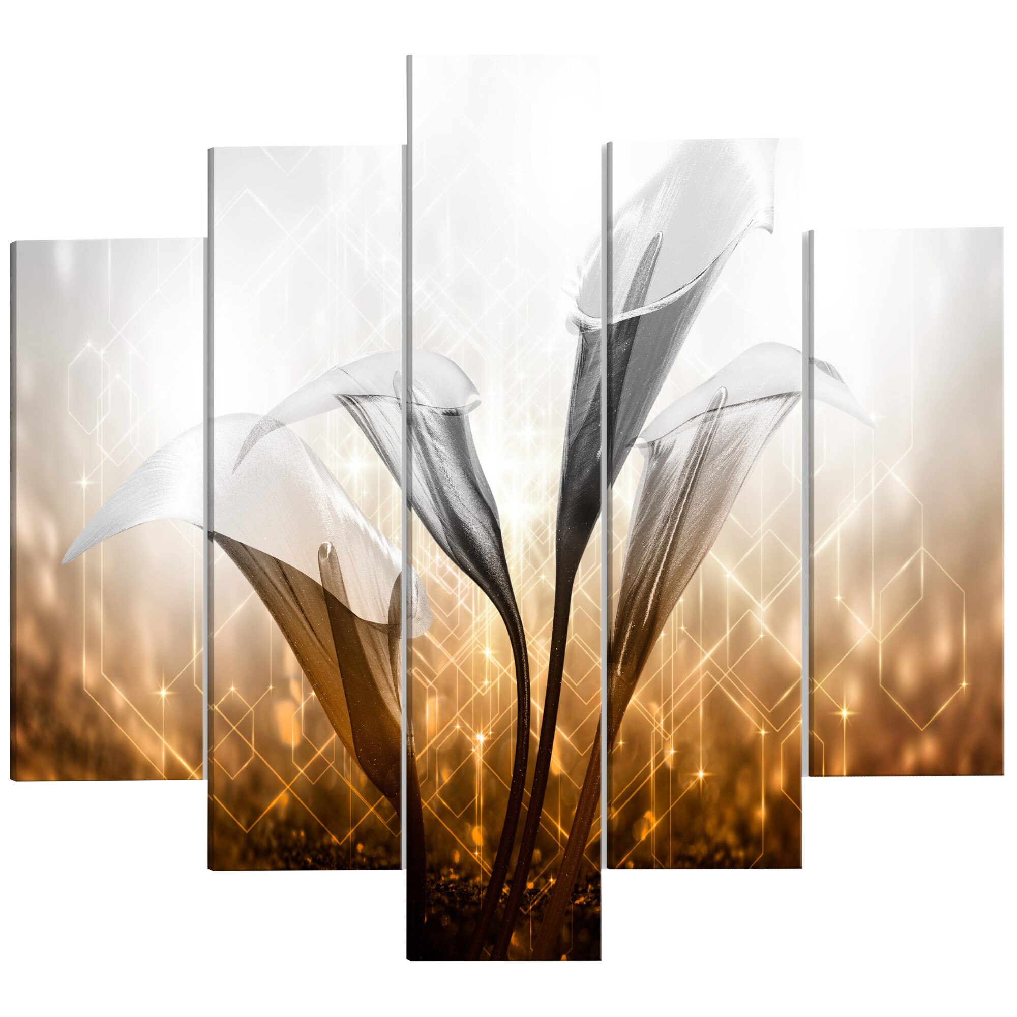 Tablou canvas 5 piese - Cvartetul floral larg de aur - 100 x 50 cm