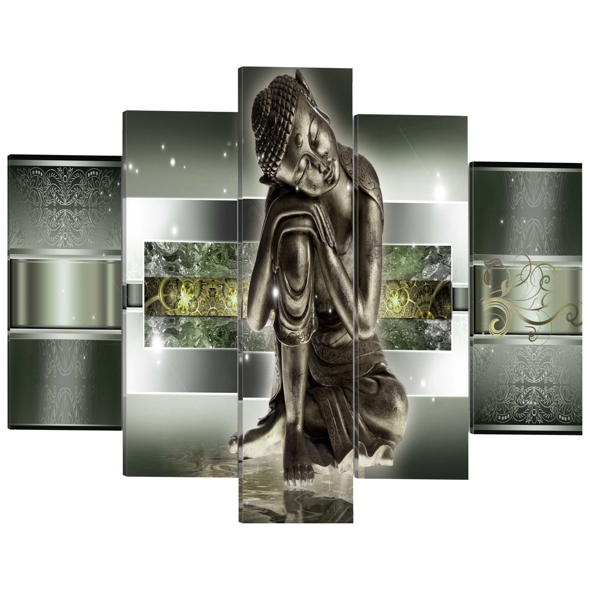 Tablou canvas 5 piese - Buddha dormit In verzi - 100 x 50 cm