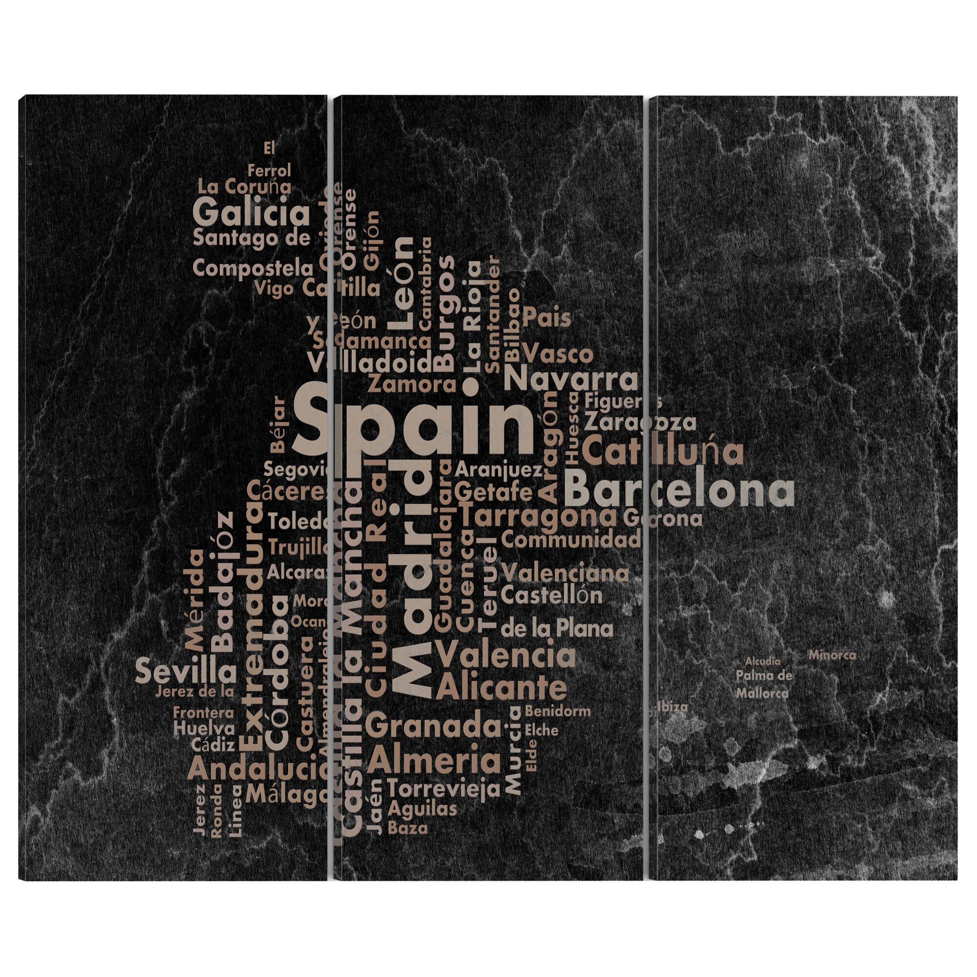 Tablou canvas 3 piese - Harta text a Spaniei pe tripticul de tabla - 90 x 60 cm