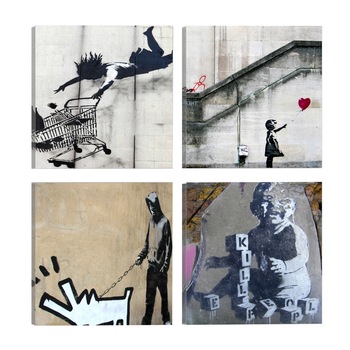 Tablou canvas 4 piese - Banksy patru idei orginale - 60 x 60 cm