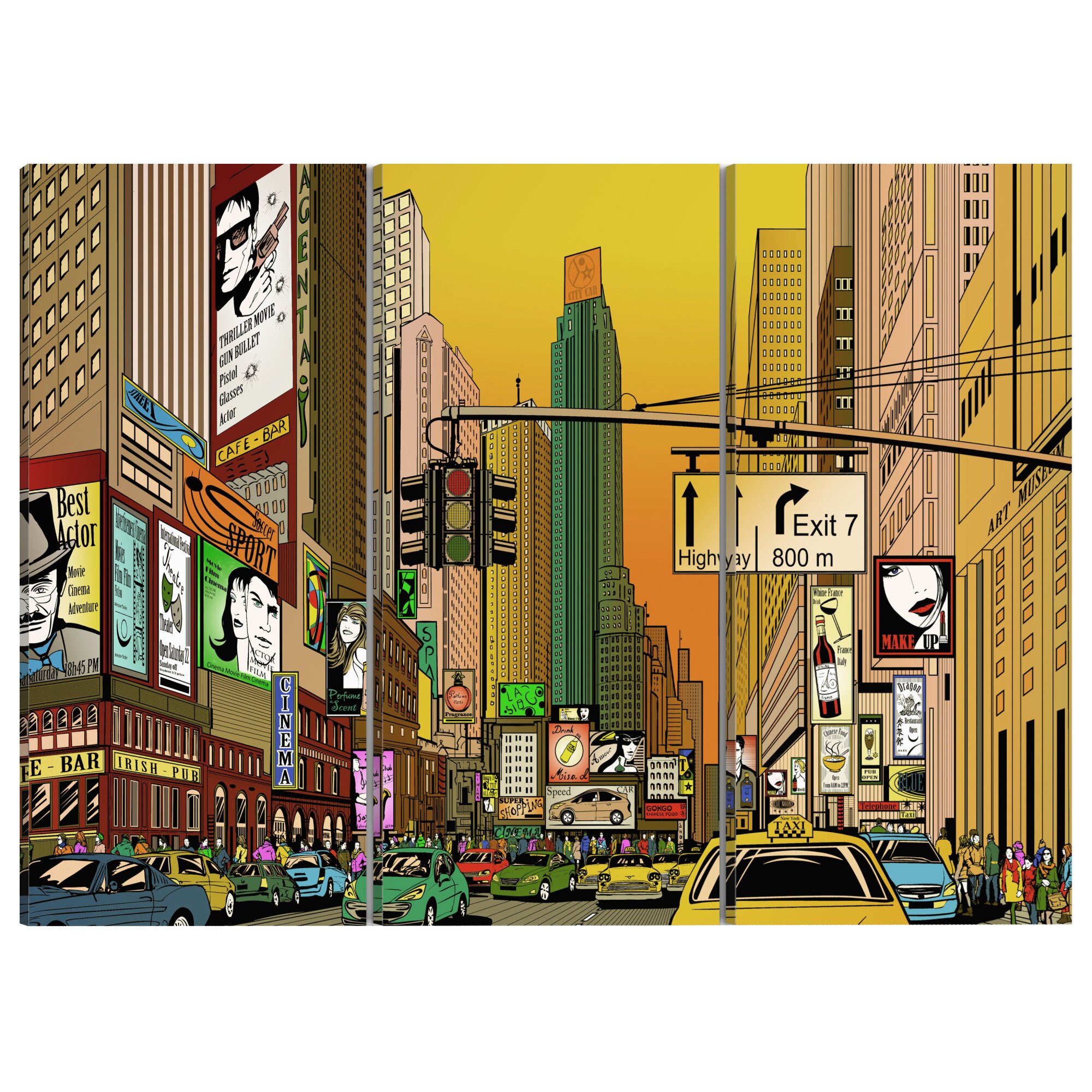 Tablou canvas 3 piese - Cartoon NYC - 90 x 60 cm