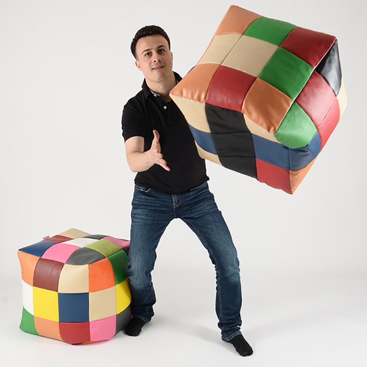 Пуф Pufrelax, 80л., Табуретка Куб - Albastru, Еко кожа, Пълнеж от Полистиролни перли