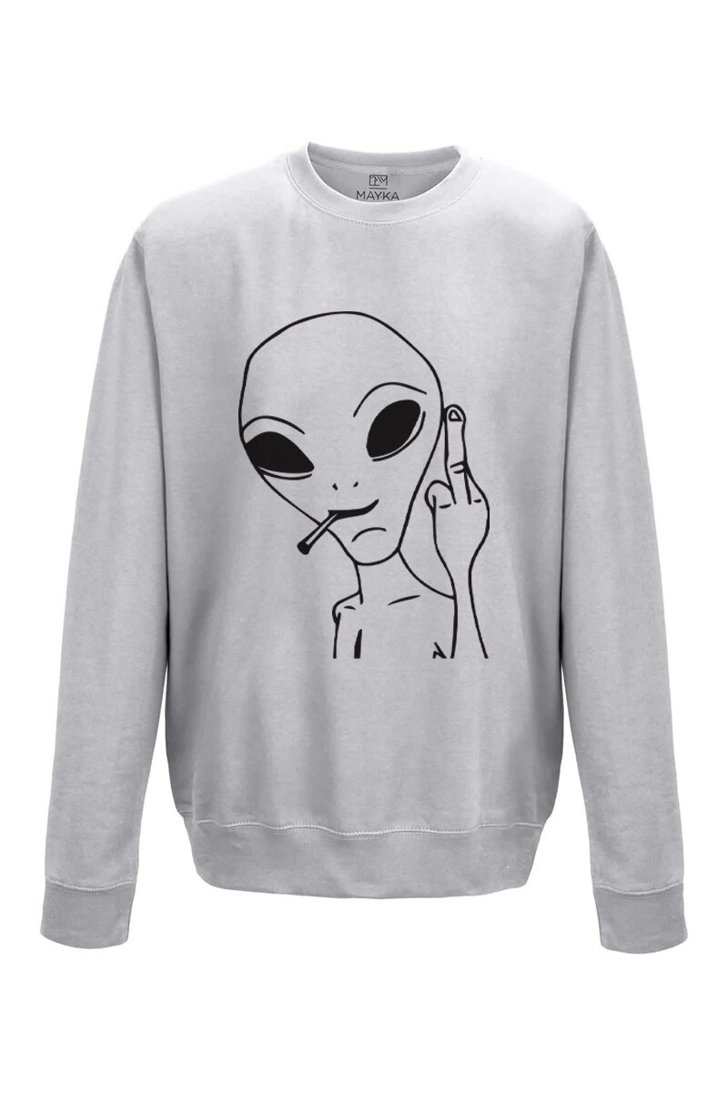 Pulover dama din bumbac 80%, poliester 20%, MAYKA, model Extraterestru, Gri