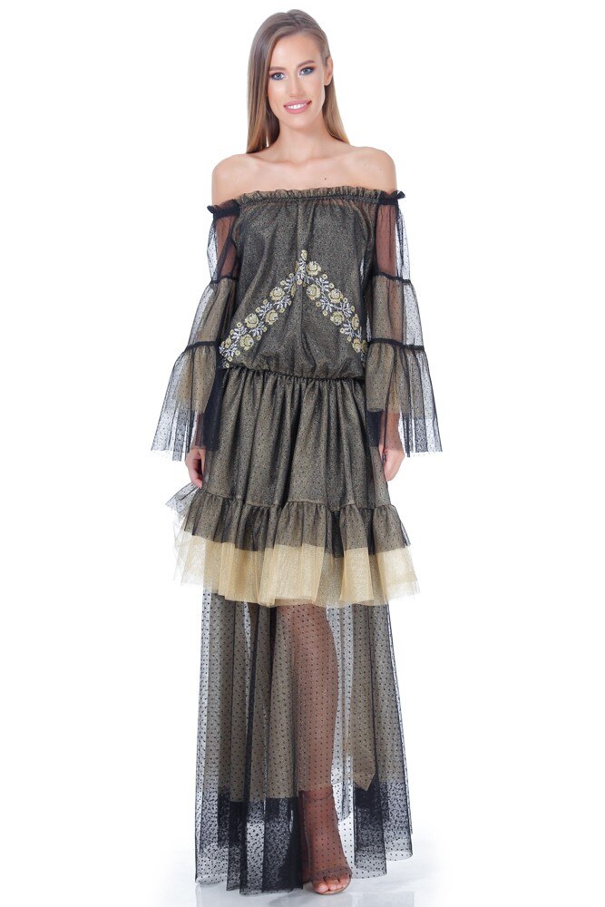 Rochie tip ie din tull auriu/negru Liza Panait ID-13E