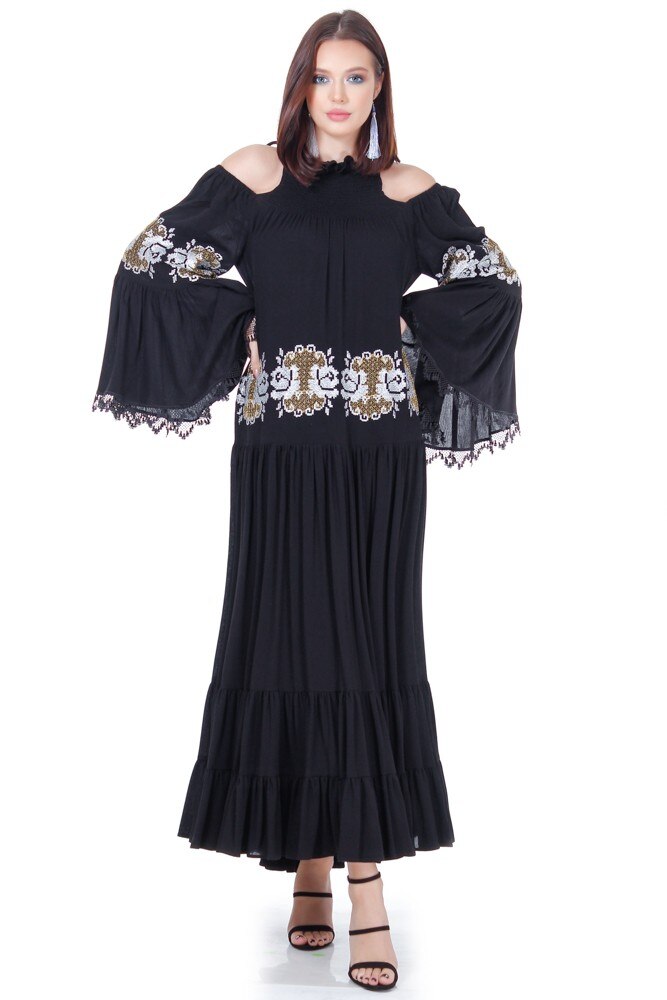 Rochie vascoza pe negru cu broderie Liza Panait ID-14E