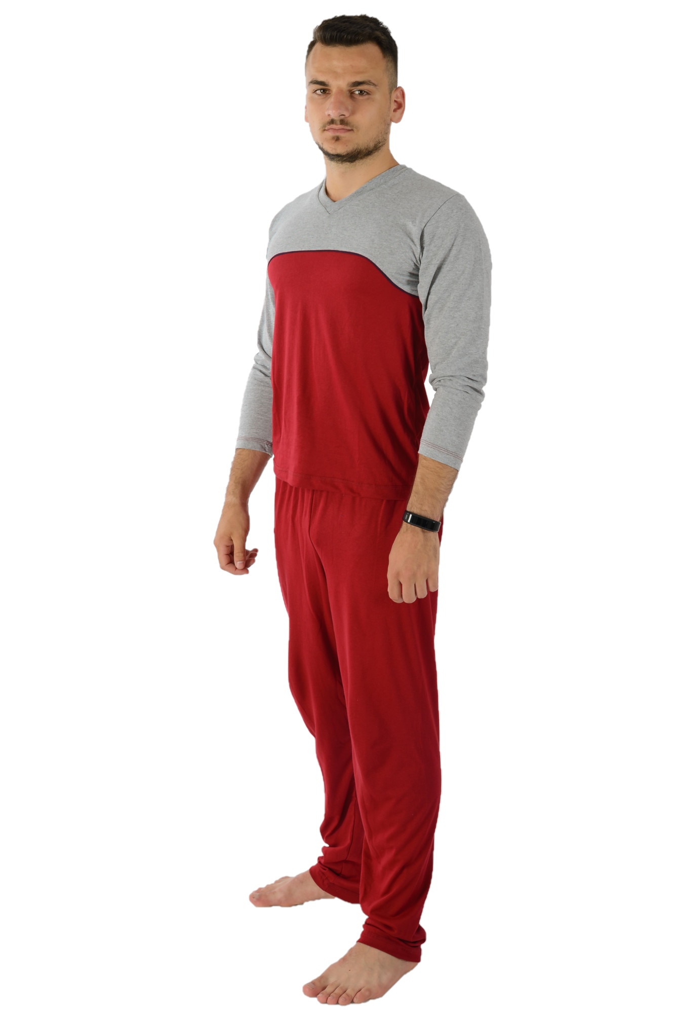 Pijama Barbati Flori Sib, 100% Bumbac, Rosu/Gri, 52 EU