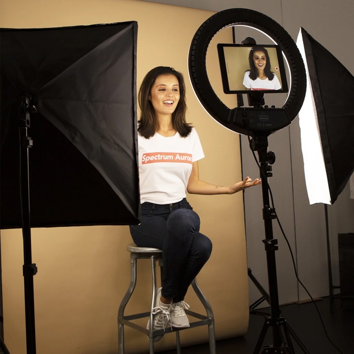 Lampa circulara Ring Light, 30cm/12inch LED, conectare USB, 3 moduri de lumina, suport telefon, trepied 210cm inclus