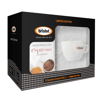 Cafea macinata espresso Bristot 2x250g +1 ceasca macchiatone cadou Cafea macinata espresso Bristot 2x250g +1 ceasca macchiatone cadou