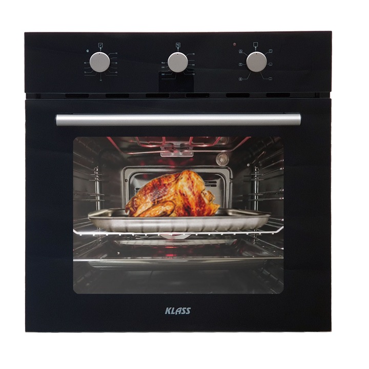 Klass A65ESRM, Beépíthető sütő, hőlégkeveréses, fekete üveg, mechanikus, 60 L, 60 cm