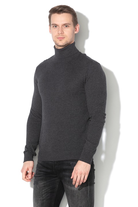 Jack & Jones, Emil finomkötött garbónyakú pulóver, Melange sötétszürke