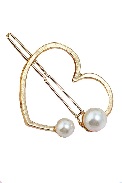 Agrafa pentru par aurie, model cu inimioara si doua perle albe, Auriu