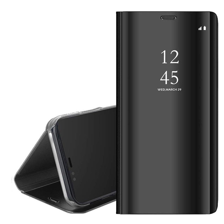 Луксозен огледален капак с подвижна стойка, съвместим със Samsung Galaxy J3 2018, полупрозрачен капак, тип огледало, функция стойка, черен