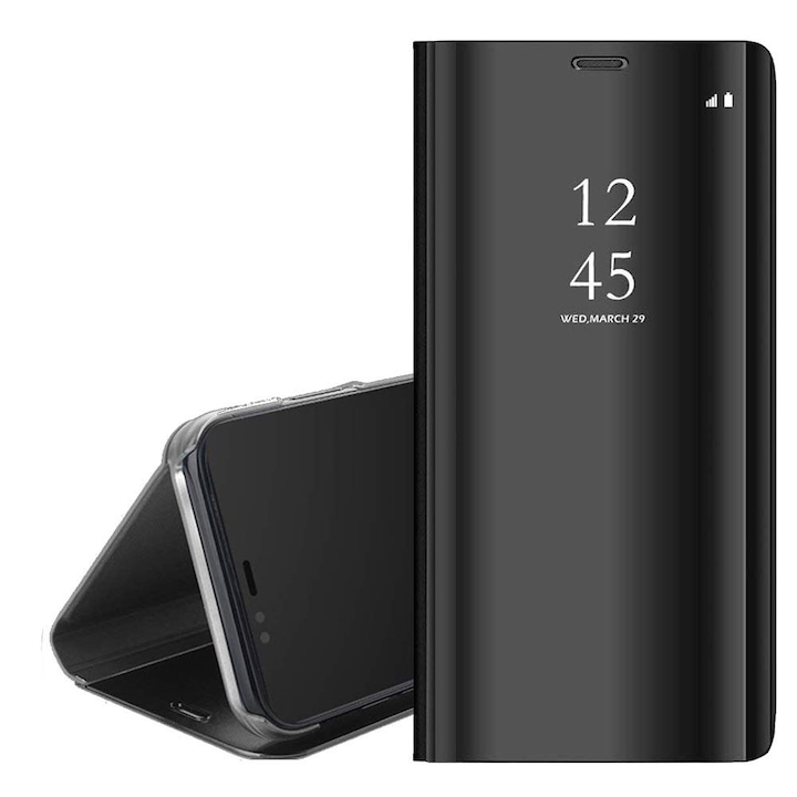 Luxury Flip Stand Mirror telefontok Samsung Galaxy J3 (2018)-nek, Félig átlátszó fedél, Tükör típus, Asztali tartó funkció, Fekete