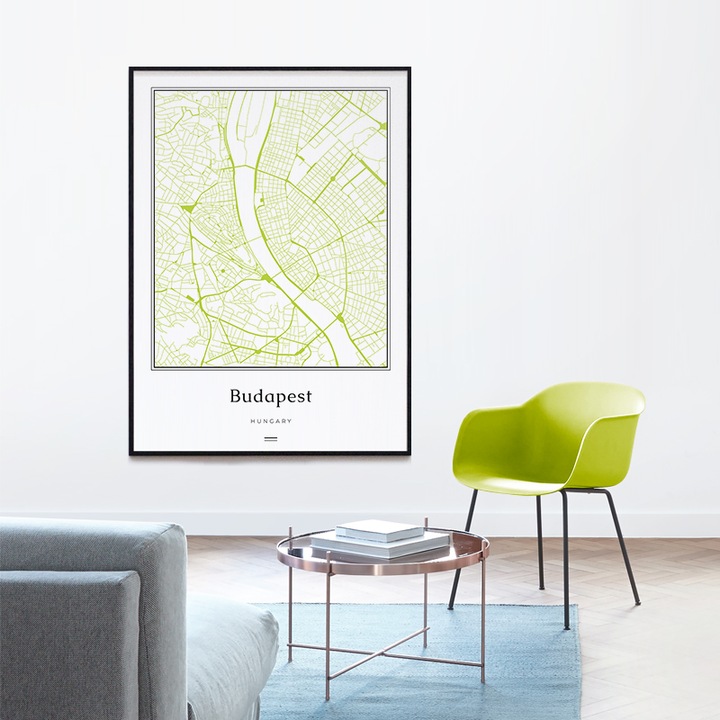 Budapest Térkép Poszter– Zöld/Fehér 42x30 cm