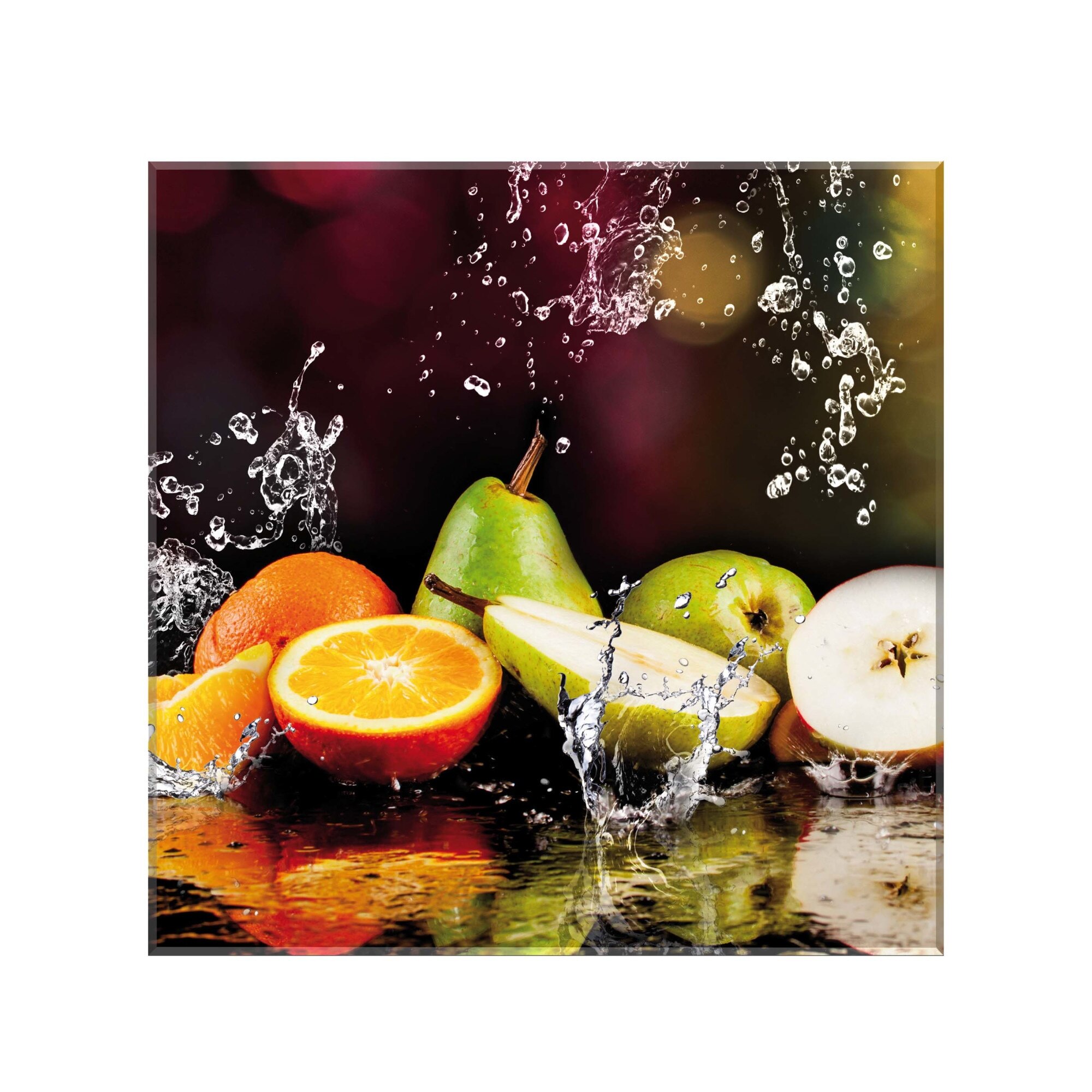 Sticla bucatarie decorativa securizata Saint Gobain Glass®, imprimata 65x65cm, protectie antistropire pentru aragaz, Ambra Deco, Fructe pe apa