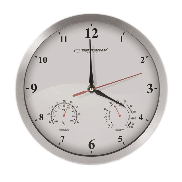 Стенен часовник Esperanza, EHC008W, Washington, Термометър и хигрометър, 305x40 мм, Бял/Сребрист