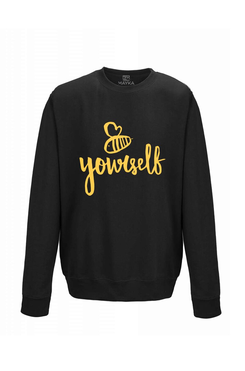 Pulover dama din bumbac 80%, poliester 20%, MAYKA, model BEE YOURSELF, Negru