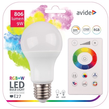 Bec Avide Smart LED Bec A60 9W RGB+W 2700K cu telecomanda IR Bec Avide Smart LED Bec A60 9W RGB+W 2700K cu telecomanda IR