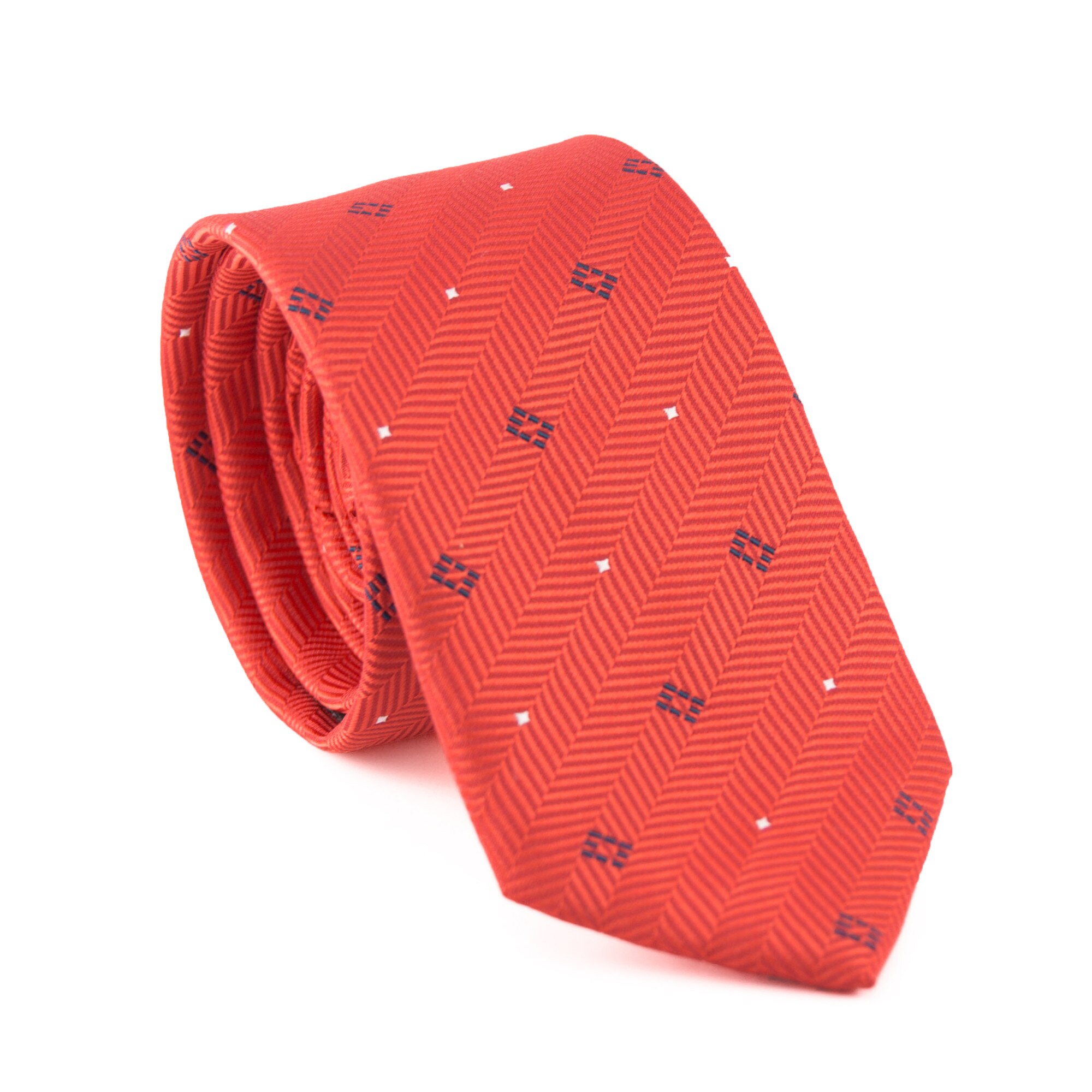 Cravata cu aspect texturat, Newtone, rosu cu motive albastru marin si punctulete argintii