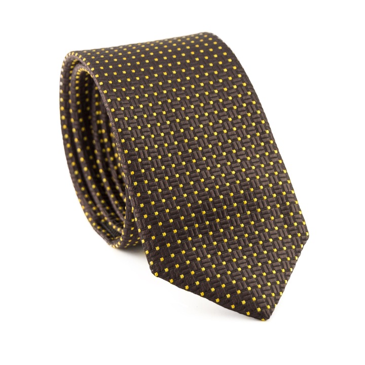 Cravata Clasica, Newtone, Maro cu negru si mici carouri de galben intens, 7.5 cm x 148 cm