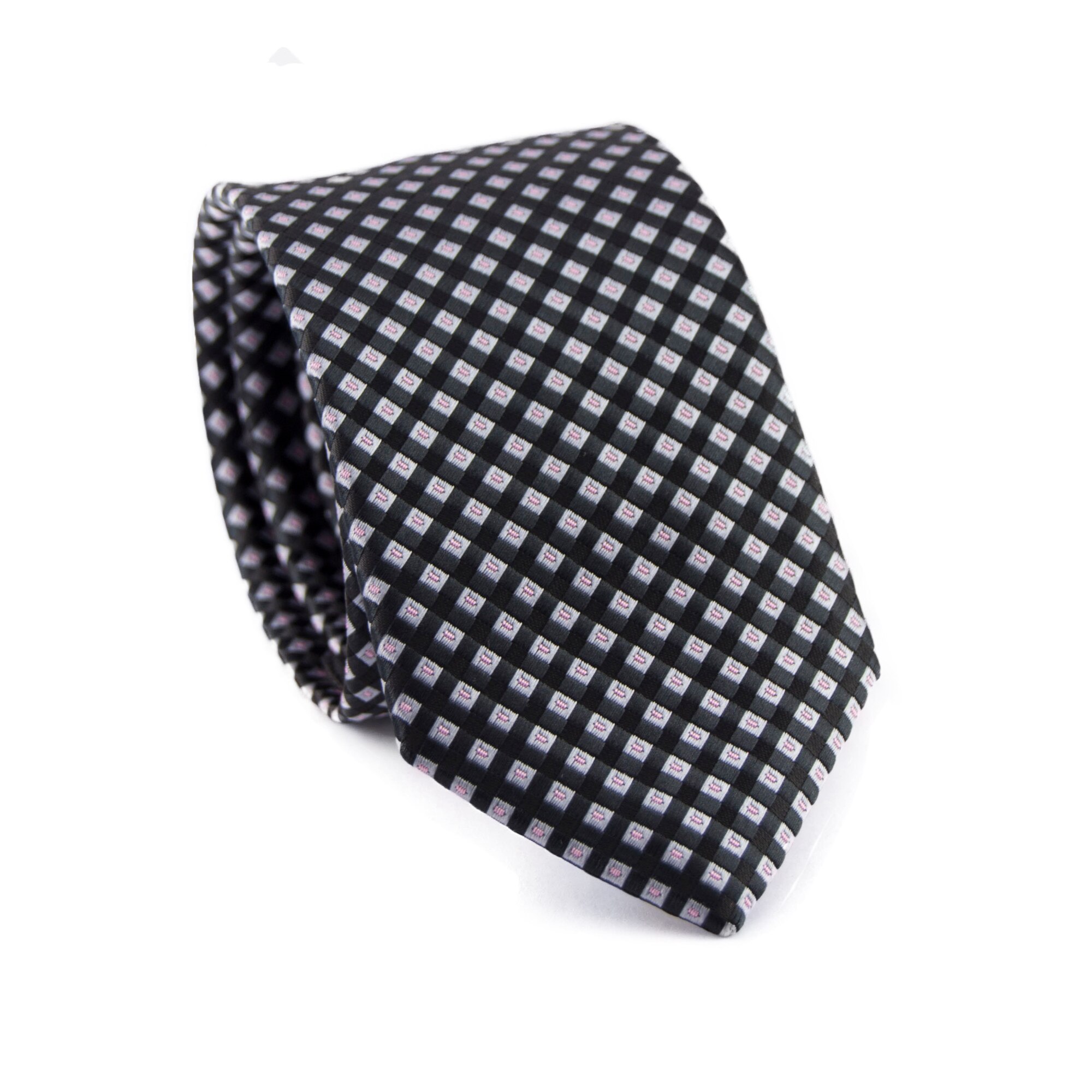 Cravata cu aspect texturat, Newtone,negru cu carouri argintii si roz