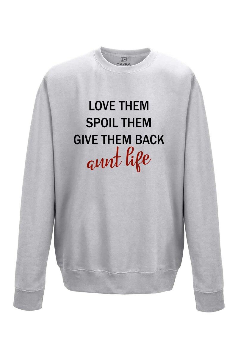 Pulover dama din bumbac 80%, poliester 20%, MAYKA, model aunt life, Gri