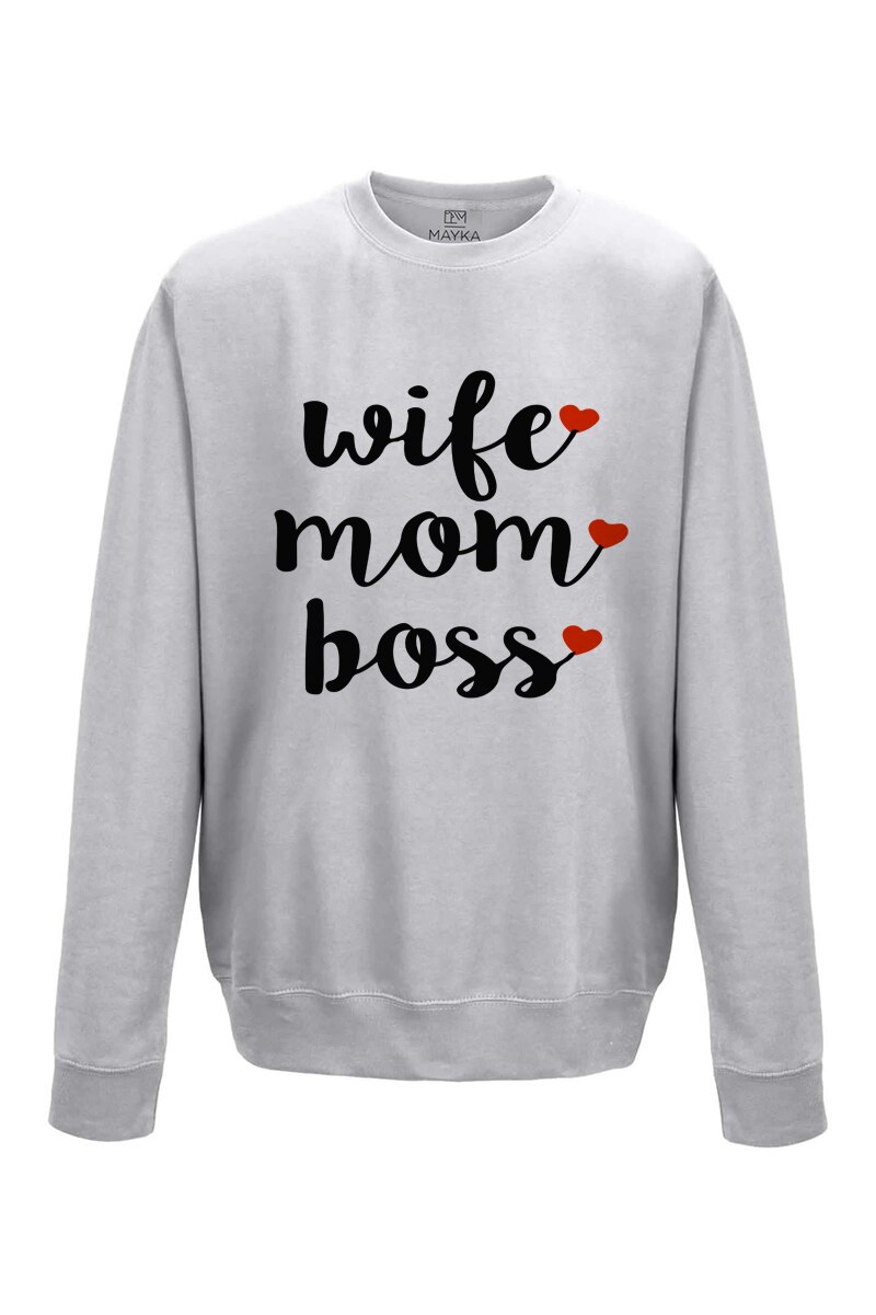 Pulover dama din bumbac 80%, poliester 20%, MAYKA, model WIFE MOM BOSS, Gri