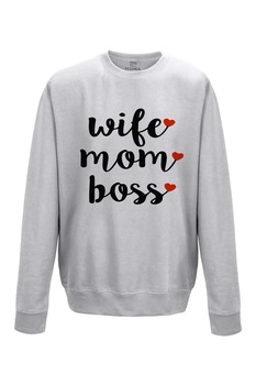 Pulover dama din bumbac 80%, poliester 20%, MAYKA, model WIFE MOM BOSS, Gri Pulover dama din bumbac 80%, poliester 20%, MAYKA, model WIFE MOM BOSS, Gri
