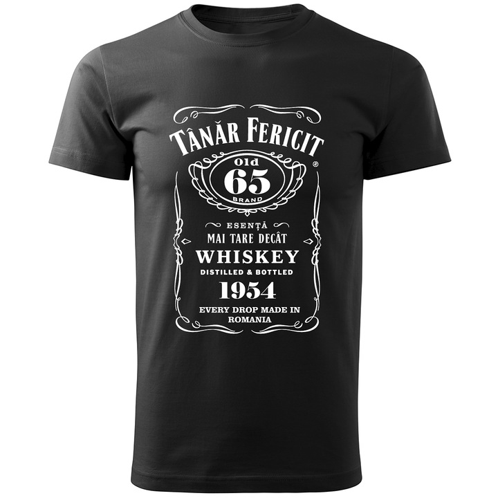 Tricou personalizat barbati, negru TANAR FERICIT VARSTA 65 DE ANI NASCUT IN 1954 marime XS